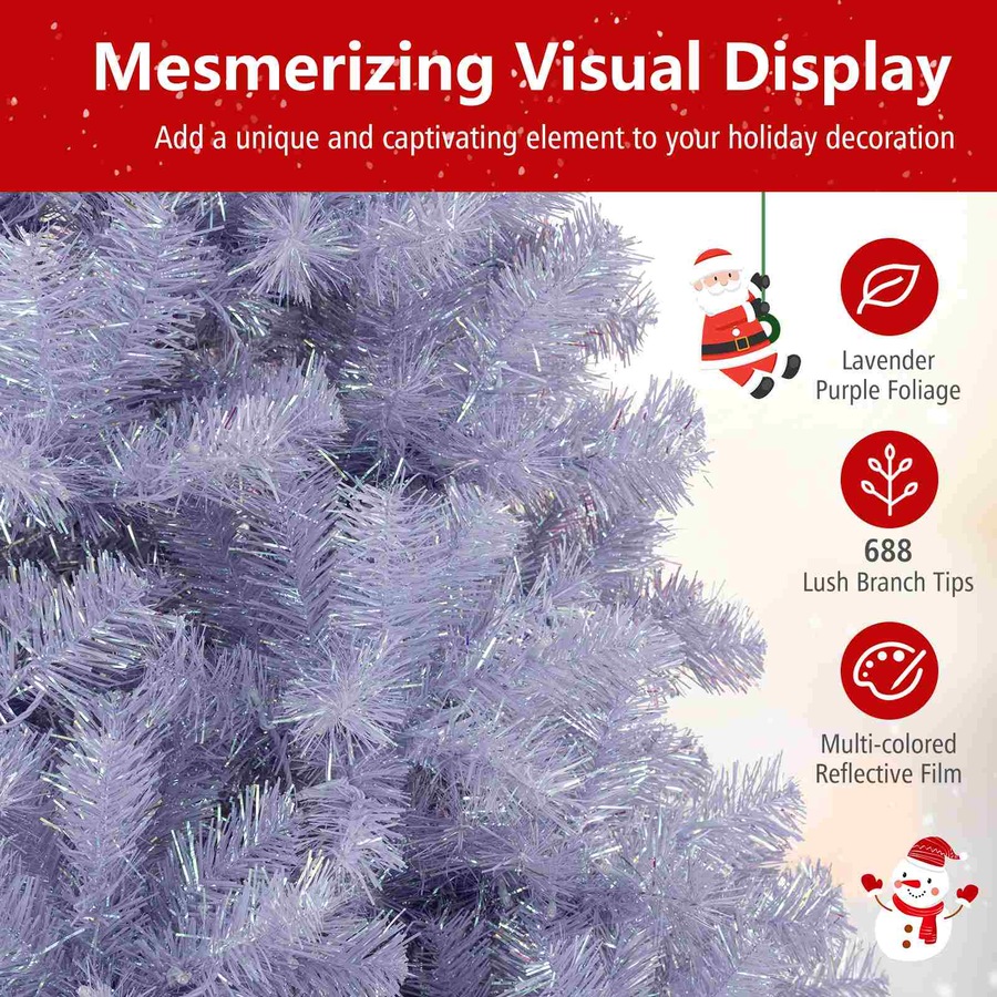 Costway 1.8M Pre-Lit Christmas Tree w/688 Tips Reflective Films LEDs Artificial Xmas Tree PET 8 Mode Lavender Purple