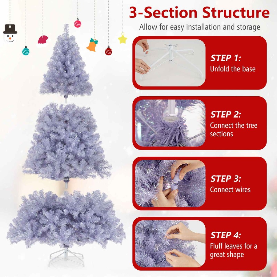 Costway 1.8M Pre-Lit Christmas Tree w/688 Tips Reflective Films LEDs Artificial Xmas Tree PET 8 Mode Lavender Purple