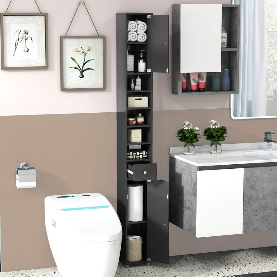 Costway 1.8m Slim Tall Cabinet Bathroom Storage Organizer Kitchen Tallboy Cupboard Sideboard w/5 Shelves Black