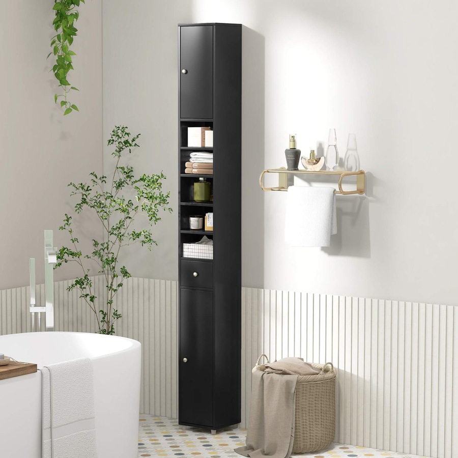 Costway 1.8m Slim Tall Cabinet Bathroom Storage Organizer Kitchen Tallboy Cupboard Sideboard w/5 Shelves Black