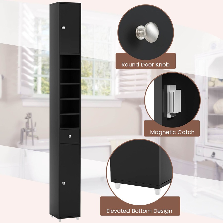 Costway 1.8m Slim Tall Cabinet Bathroom Storage Organizer Kitchen Tallboy Cupboard Sideboard w/5 Shelves Black
