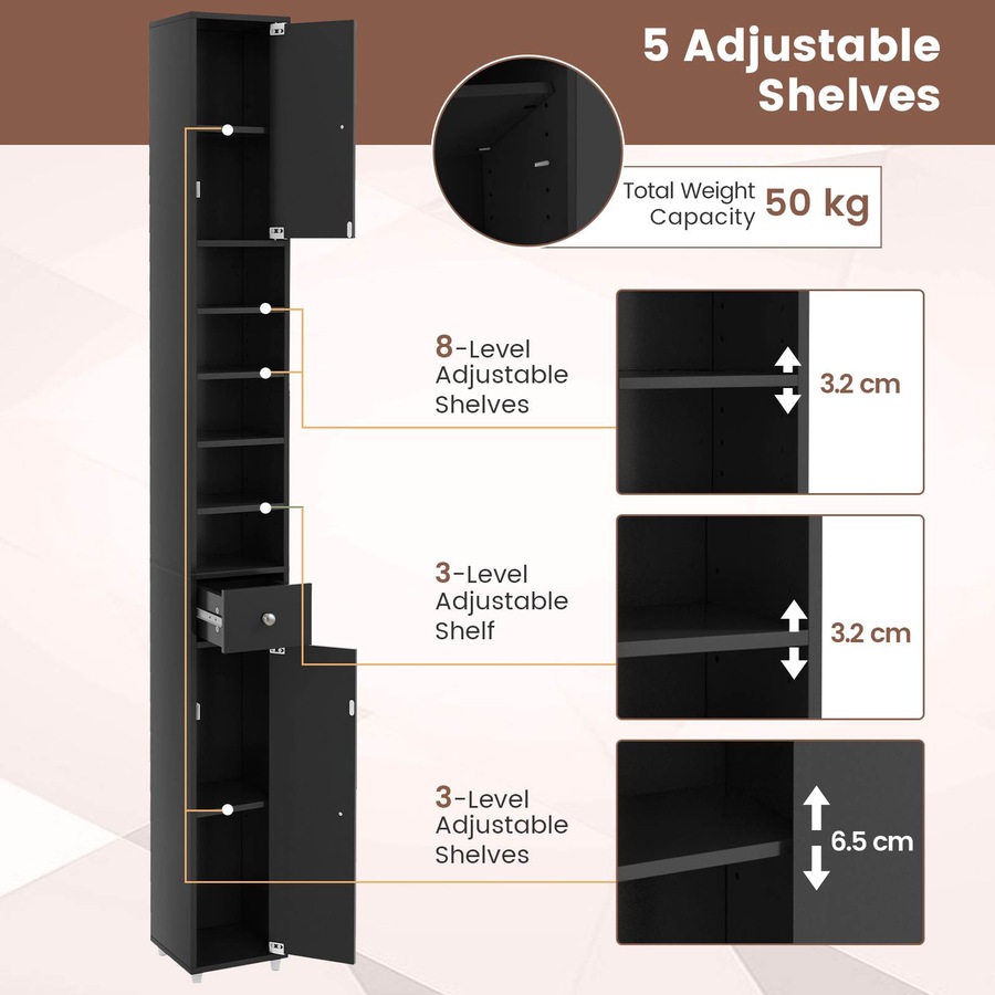 Costway 1.8m Slim Tall Cabinet Bathroom Storage Organizer Kitchen Tallboy Cupboard Sideboard w/5 Shelves Black