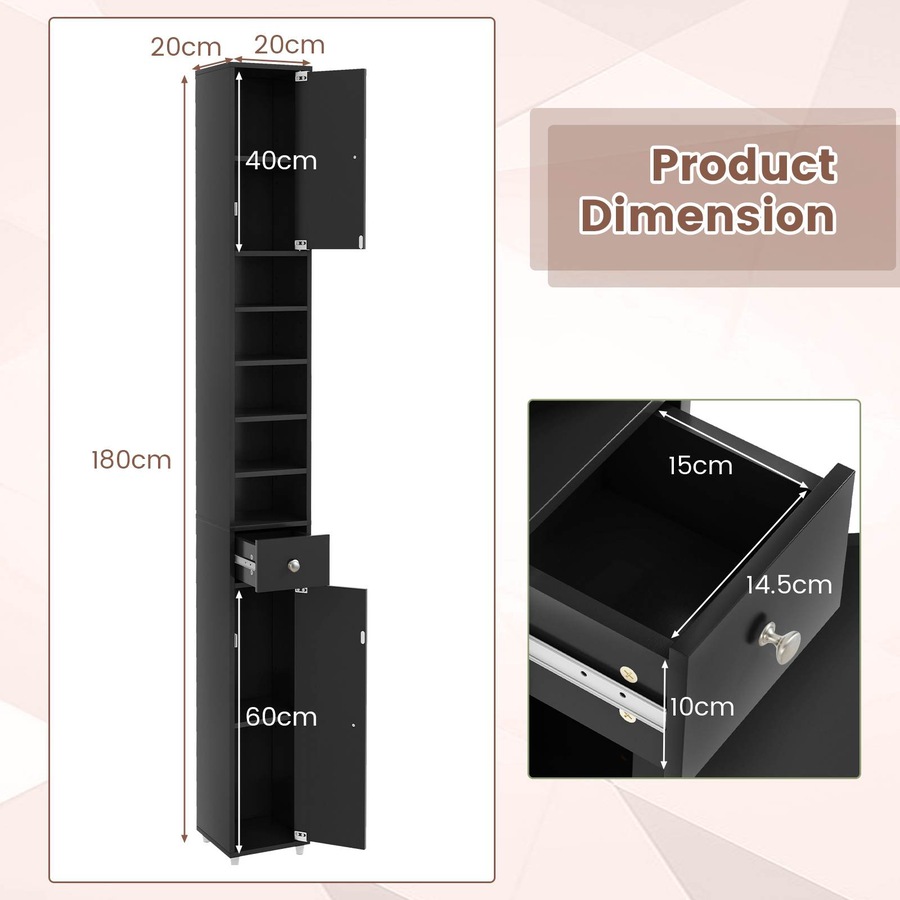 Costway 1.8m Slim Tall Cabinet Bathroom Storage Organizer Kitchen Tallboy Cupboard Sideboard w/5 Shelves Black