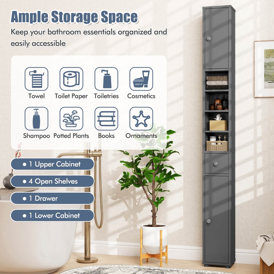 Costway 1.8m Slim Tall Cabinet Bathroom Storage Organizer Kitchen Tallboy Cupboard Sideboard w/5 Adjustable Shelves Grey