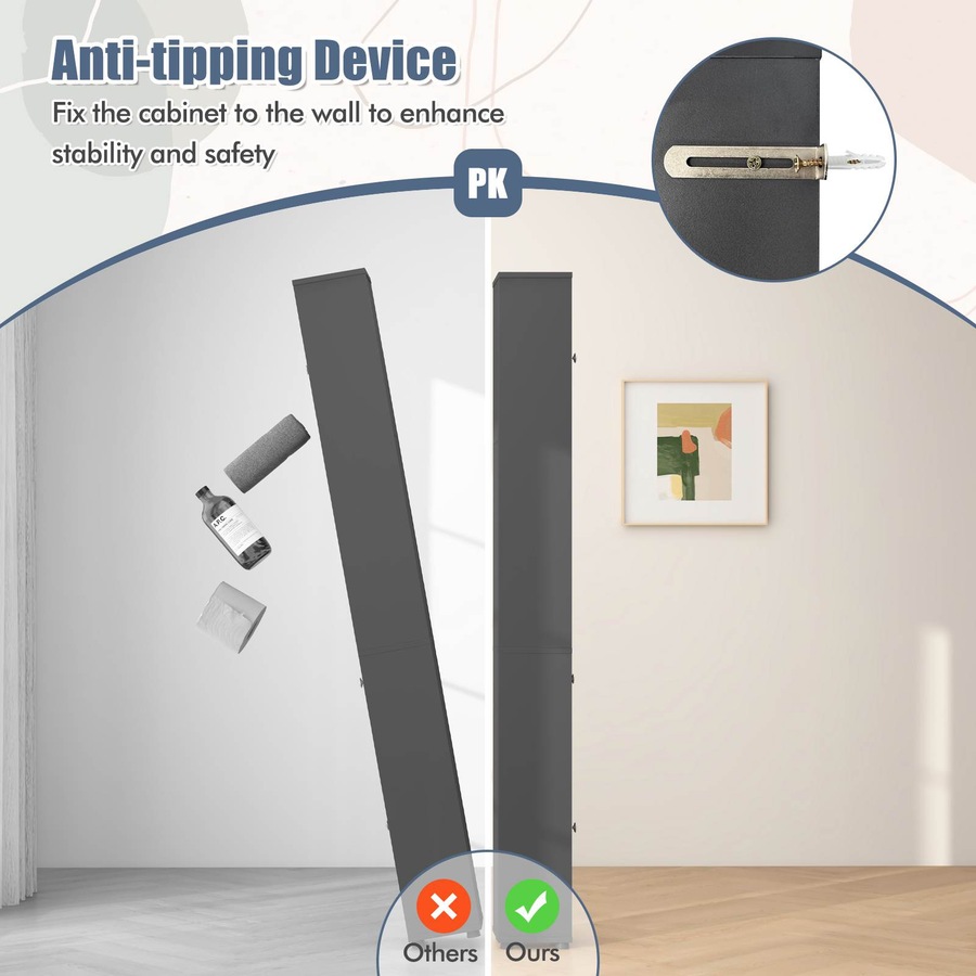 Costway 1.8m Slim Tall Cabinet Bathroom Storage Organizer Kitchen Tallboy Cupboard Sideboard w/5 Adjustable Shelves Grey