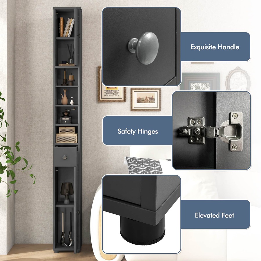 Costway 1.8m Slim Tall Cabinet Bathroom Storage Organizer Kitchen Tallboy Cupboard Sideboard w/5 Adjustable Shelves Grey