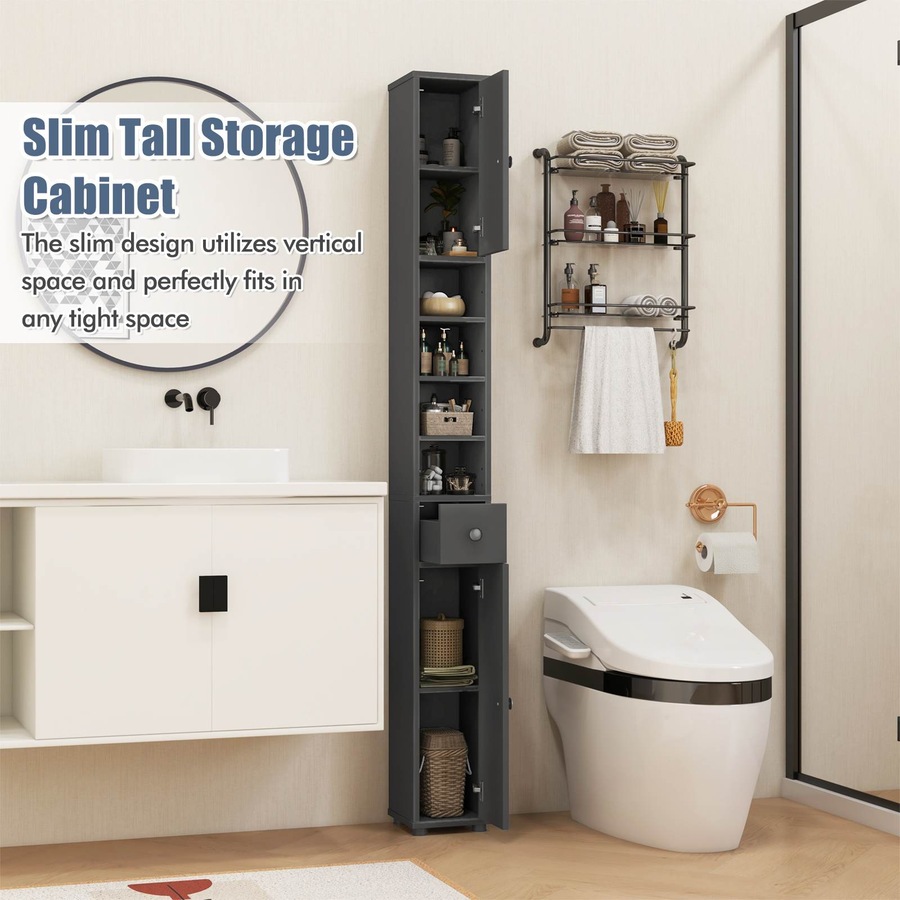 Costway 1.8m Slim Tall Cabinet Bathroom Storage Organizer Kitchen Tallboy Cupboard Sideboard w/5 Adjustable Shelves Grey