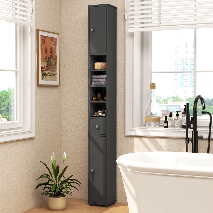 Costway 1.8m Slim Tall Cabinet Bathroom Storage Organizer Kitchen Tallboy Cupboard Sideboard w/5 Adjustable Shelves Grey