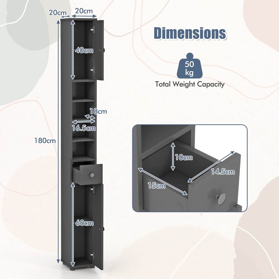 Costway 1.8m Slim Tall Cabinet Bathroom Storage Organizer Kitchen Tallboy Cupboard Sideboard w/5 Adjustable Shelves Grey