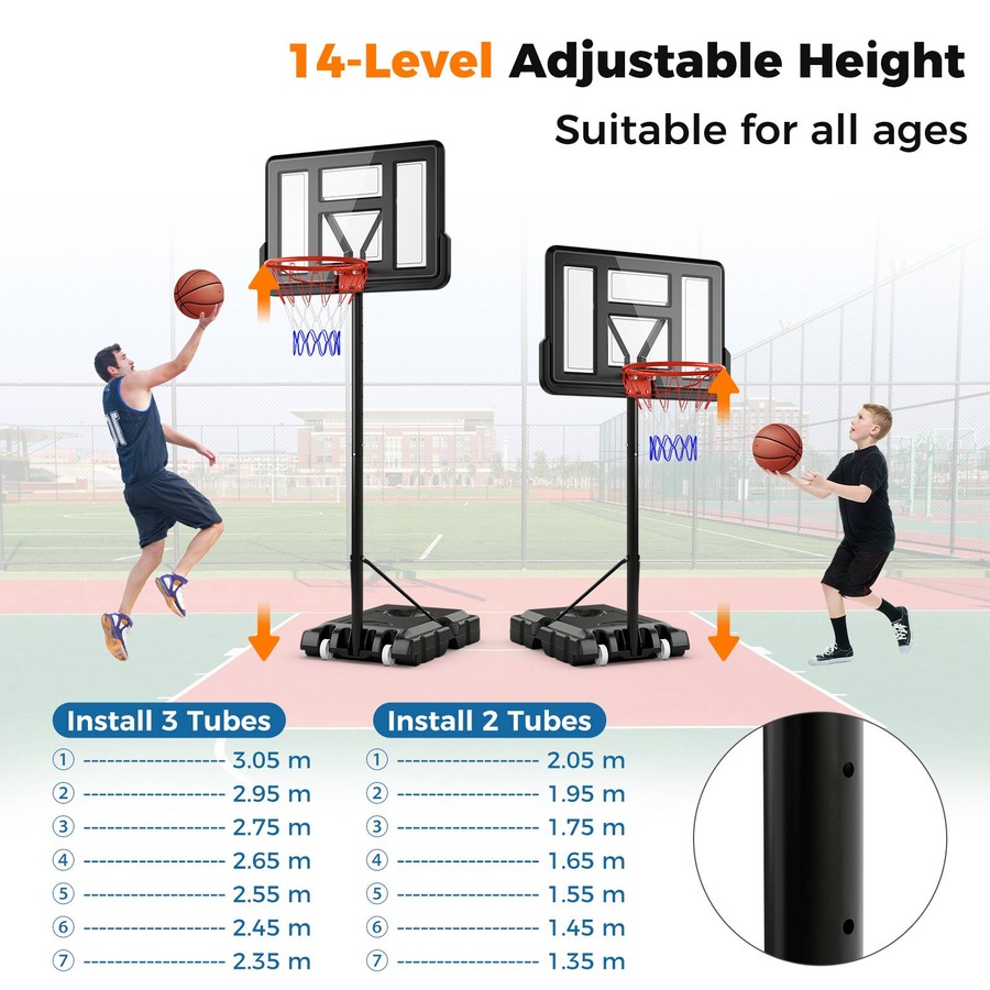 Costway 1.97-2.67M Adjustable Basketball Hoop Stand System Ring Portable Backboard Teenagers Training Play