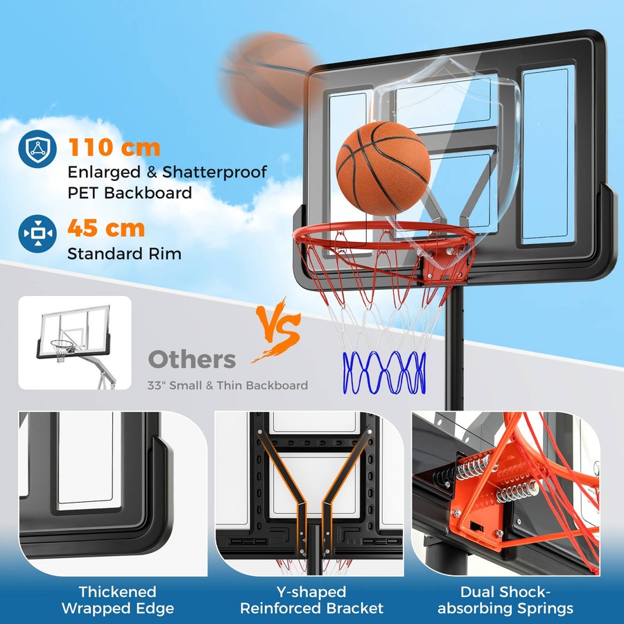 Costway 1.97-2.67M Adjustable Basketball Hoop Stand System Ring Portable Backboard Teenagers Training Play