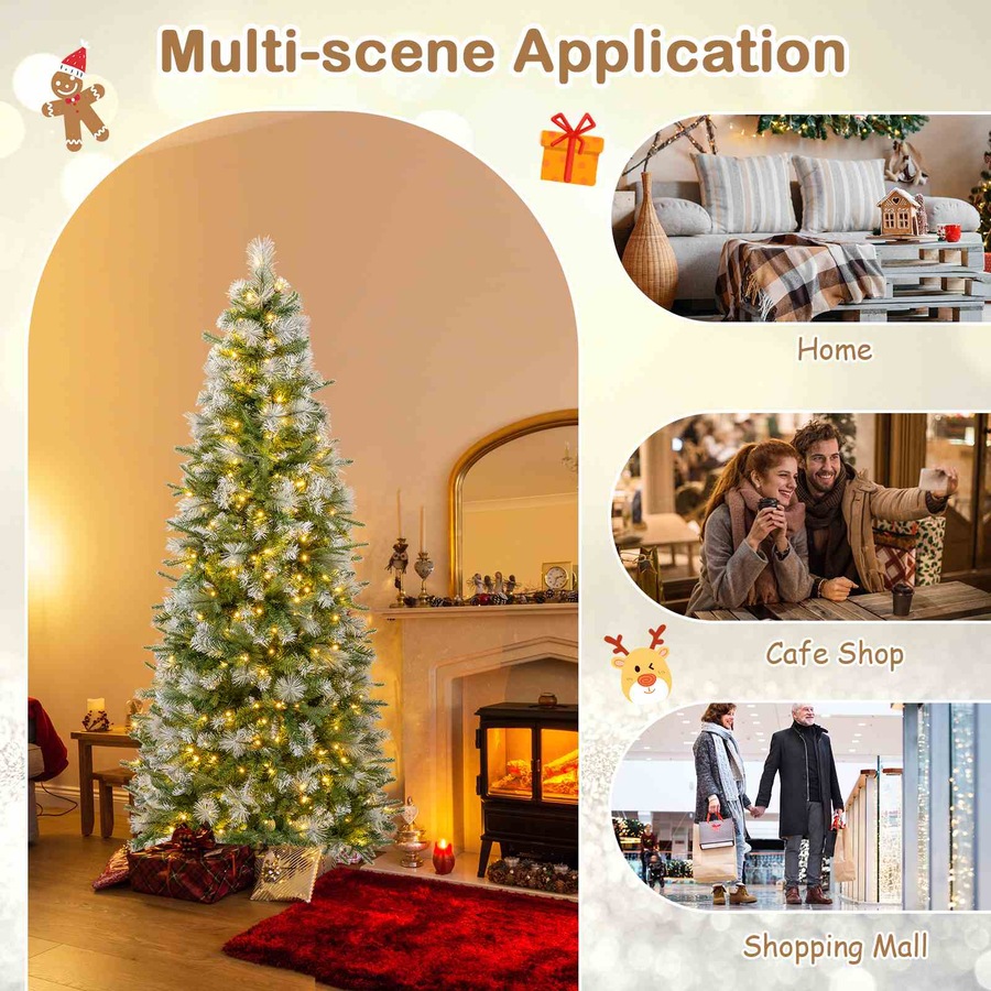 Costway 1.9M Flocked Christmas Tree w/Pine Needles & 580 PE PVC Branch Tips Hinged Artificial Xmas Tree