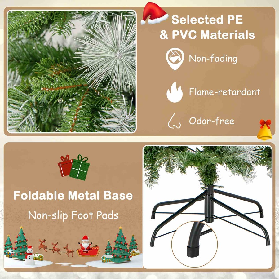 Costway 1.9M Flocked Christmas Tree w/Pine Needles & 580 PE PVC Branch Tips Hinged Artificial Xmas Tree