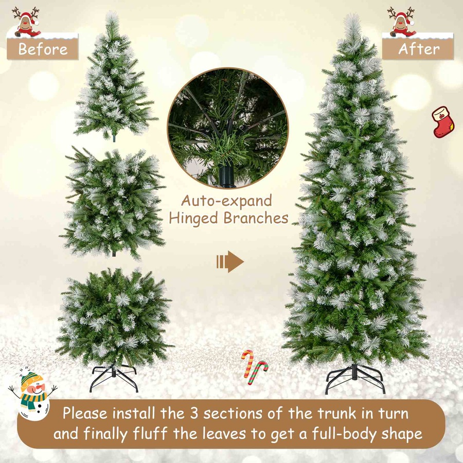 Costway 1.9M Flocked Christmas Tree w/Pine Needles & 580 PE PVC Branch Tips Hinged Artificial Xmas Tree