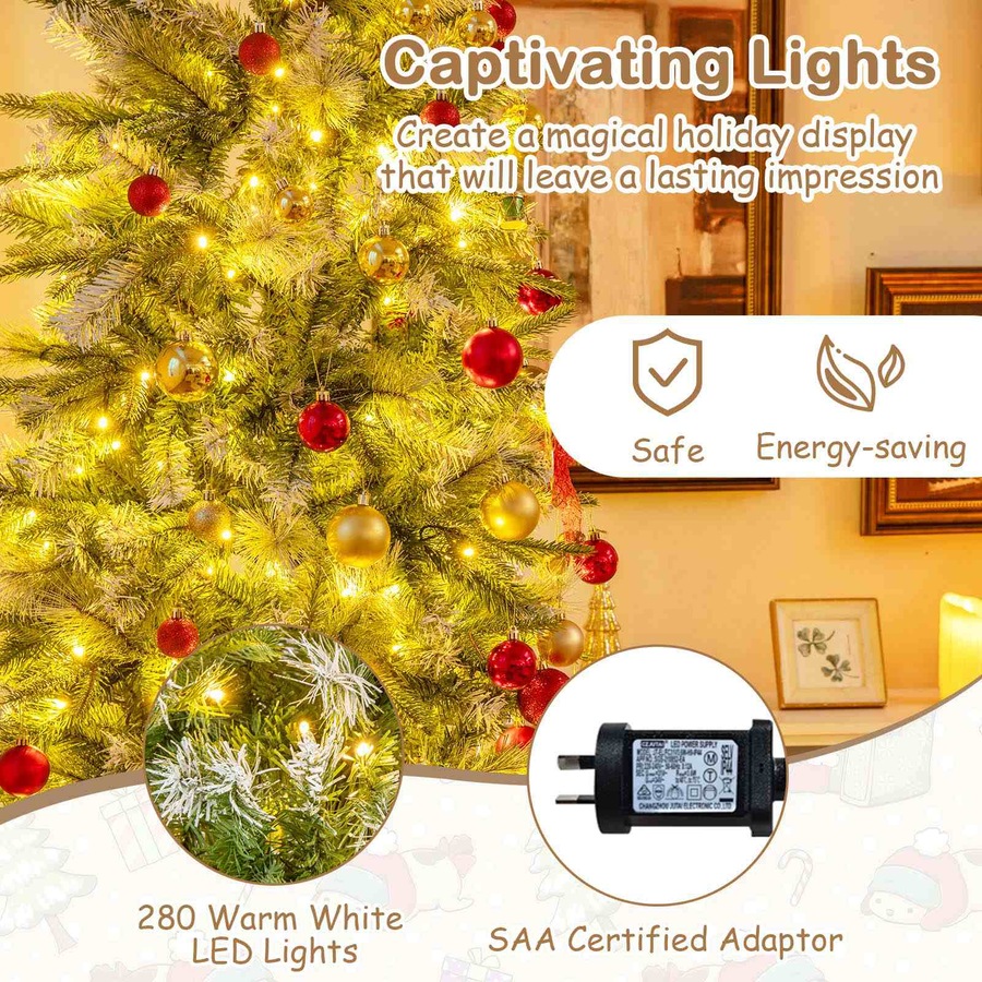 Costway 1.9M Flocked Christmas Tree w/Pine Needles & 580 PE PVC Branch Tips Hinged Artificial Xmas Tree