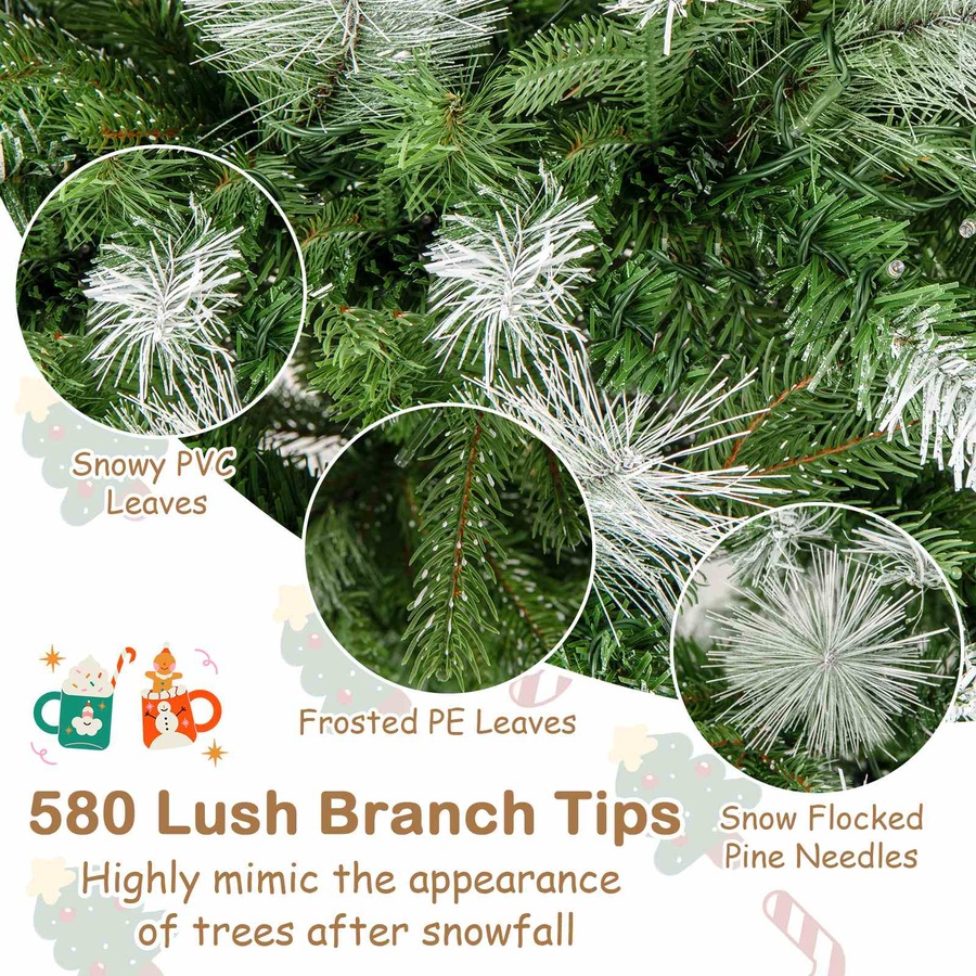 Costway 1.9M Flocked Christmas Tree w/Pine Needles & 580 PE PVC Branch Tips Hinged Artificial Xmas Tree