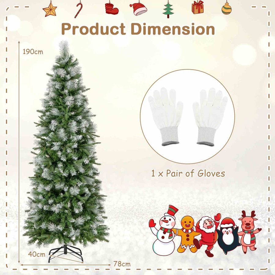 Costway 1.9M Flocked Christmas Tree w/Pine Needles & 580 PE PVC Branch Tips Hinged Artificial Xmas Tree