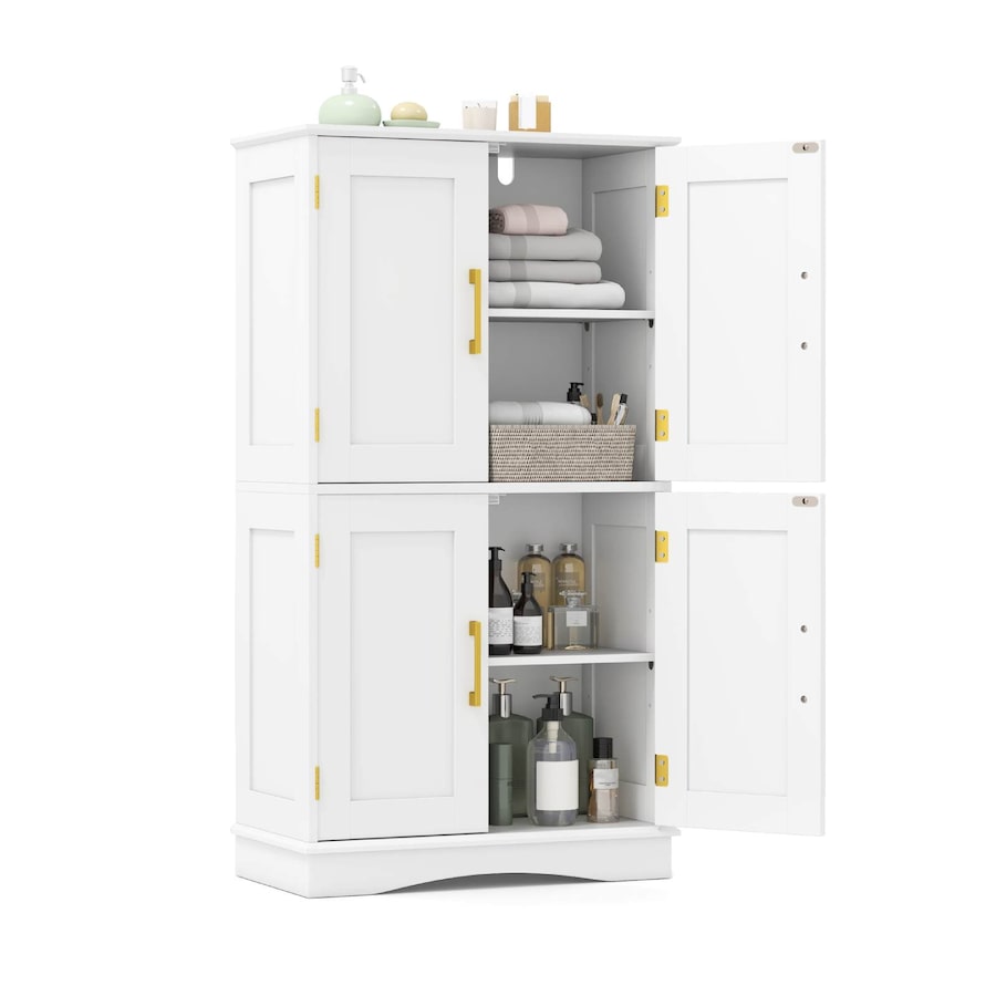 Costway 110 cm Bathroom Floor Storage Cabinet w/4 Doors & Adjustable Shelves Freestanding Cupboard White