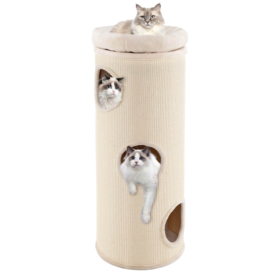 Costway 112cm 4-Story Cat Condo House Elevated Cave Bed w/Sisal Scratching Board & Bamboo Mat Cat Tree Tower