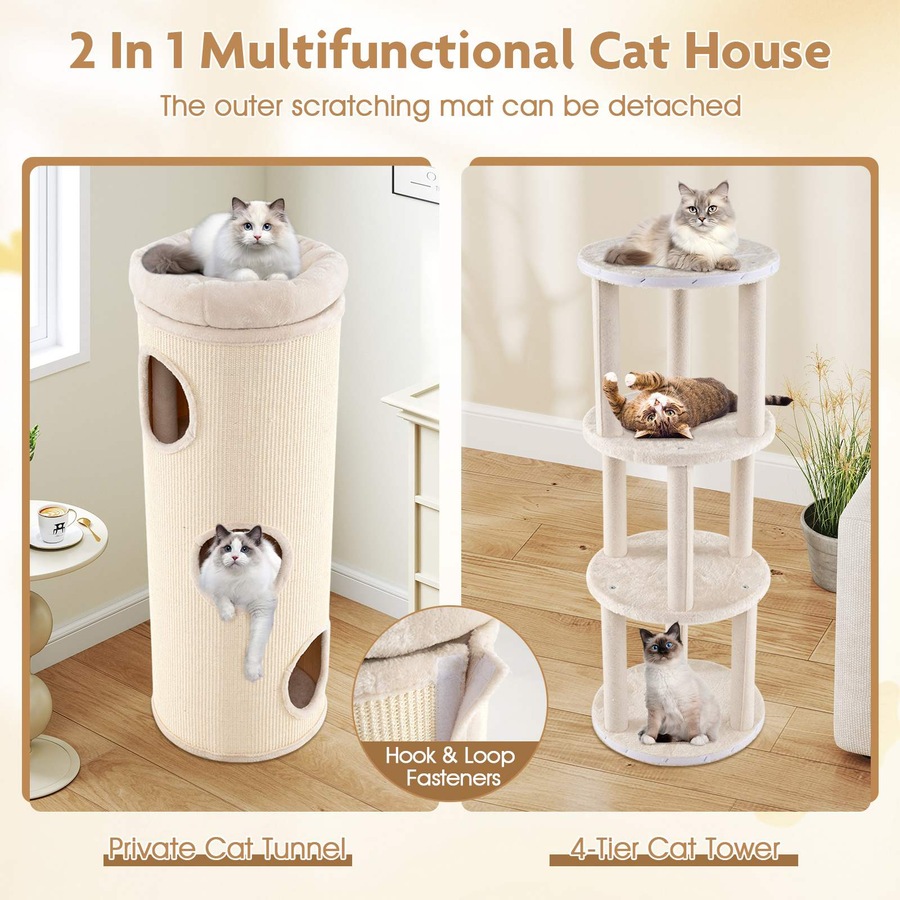 Costway 112cm 4-Story Cat Condo House Elevated Cave Bed w/Sisal Scratching Board & Bamboo Mat Cat Tree Tower