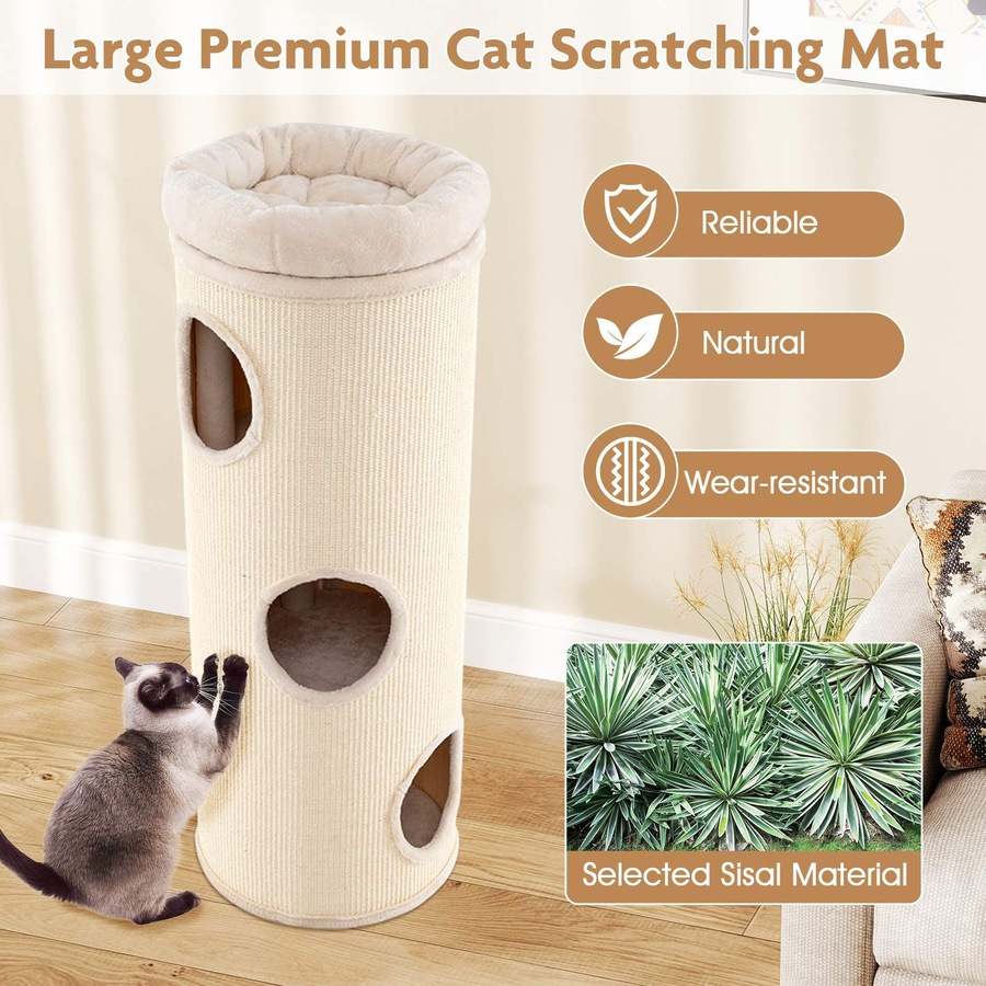 Costway 112cm 4-Story Cat Condo House Elevated Cave Bed w/Sisal Scratching Board & Bamboo Mat Cat Tree Tower