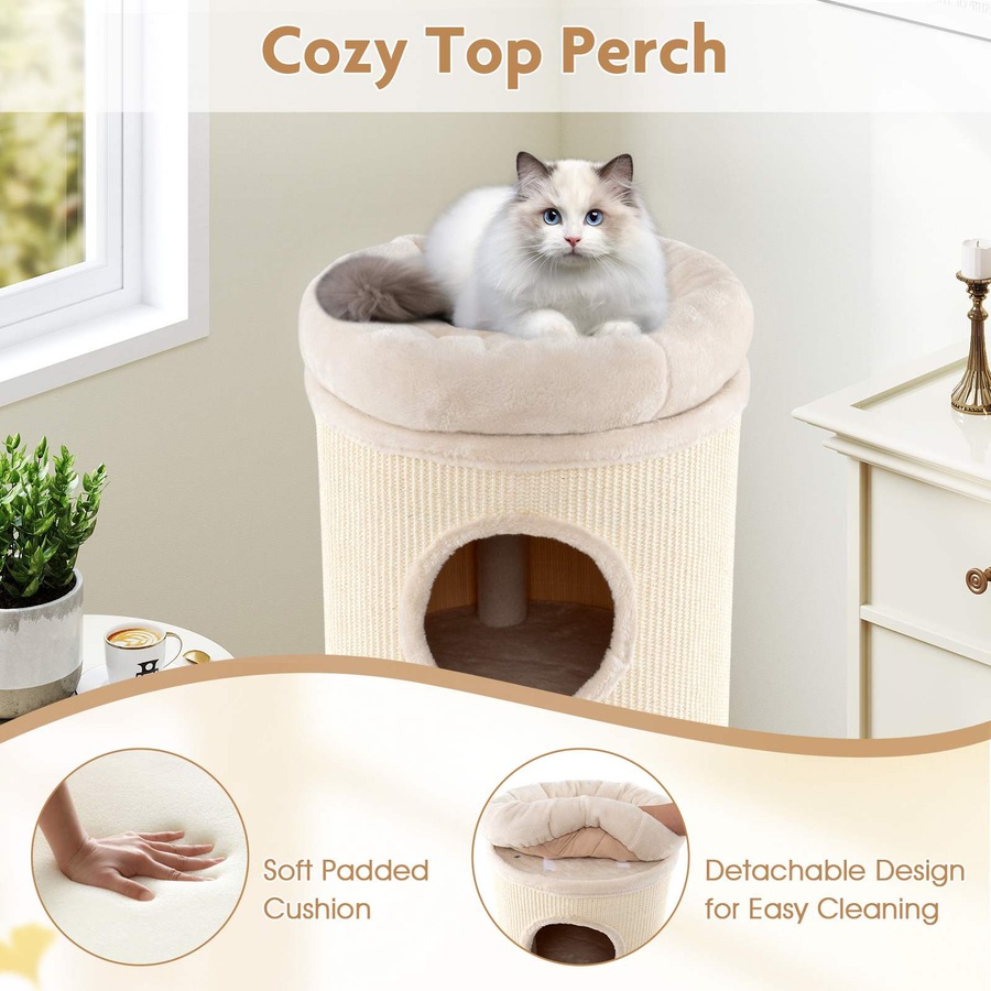 Costway 112cm 4-Story Cat Condo House Elevated Cave Bed w/Sisal Scratching Board & Bamboo Mat Cat Tree Tower