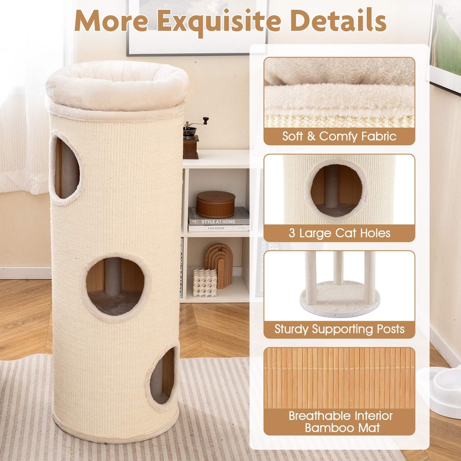 Costway 112cm 4-Story Cat Condo House Elevated Cave Bed w/Sisal Scratching Board & Bamboo Mat Cat Tree Tower