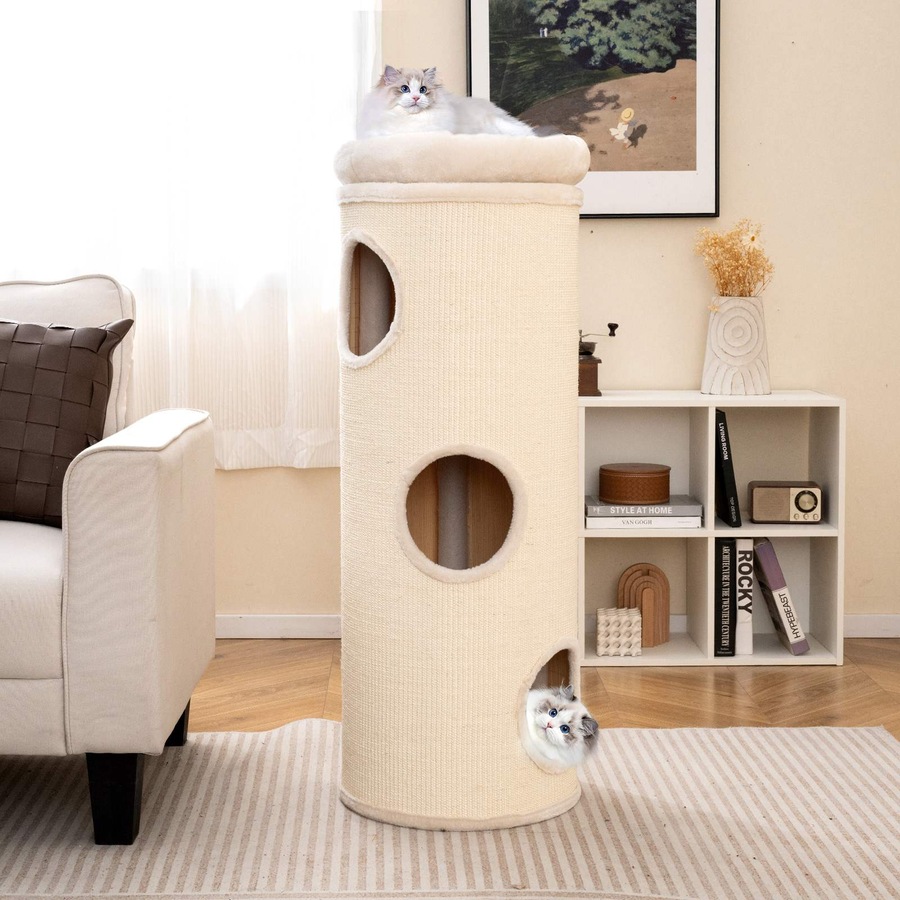 Costway 112cm 4-Story Cat Condo House Elevated Cave Bed w/Sisal Scratching Board & Bamboo Mat Cat Tree Tower