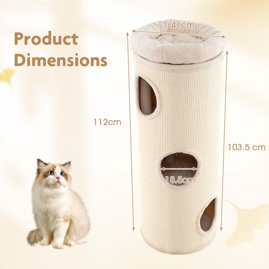 Costway 112cm 4-Story Cat Condo House Elevated Cave Bed w/Sisal Scratching Board & Bamboo Mat Cat Tree Tower