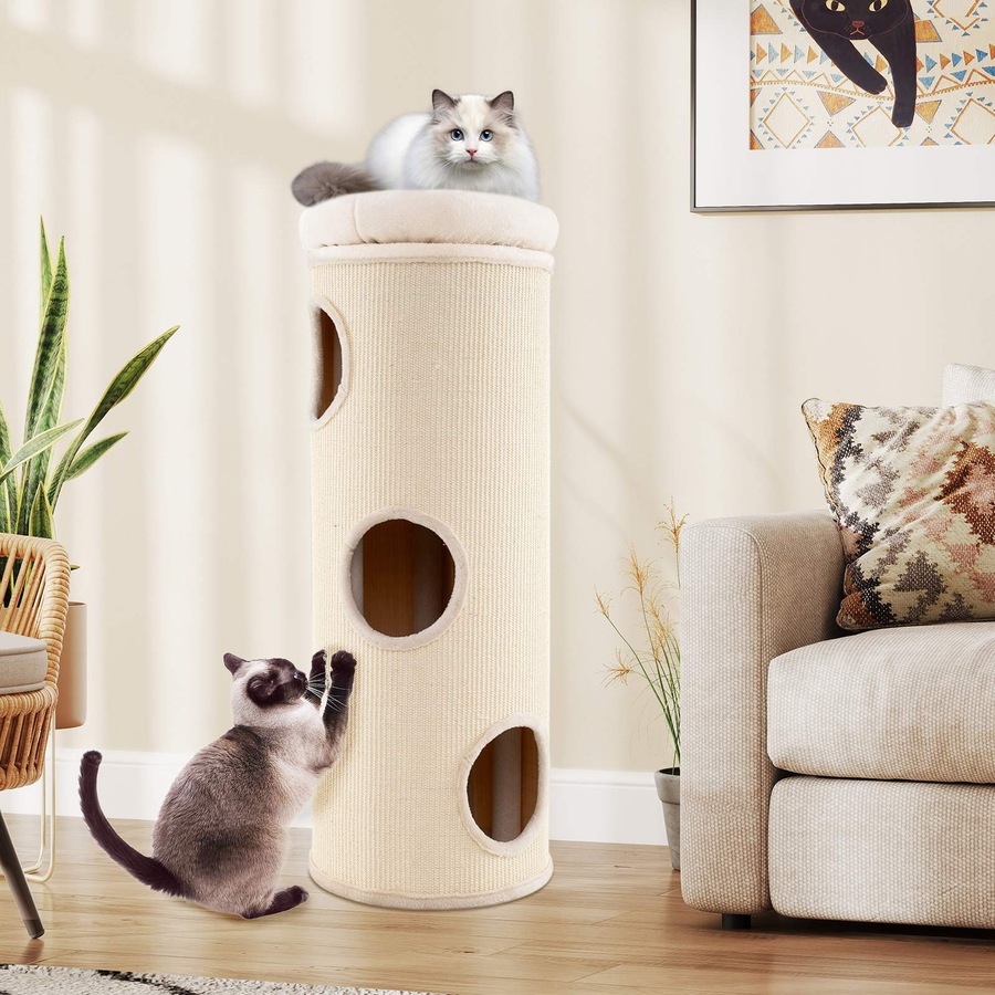 Costway 112cm 4-Story Cat Condo House Elevated Cave Bed w/Sisal Scratching Board & Bamboo Mat Cat Tree Tower