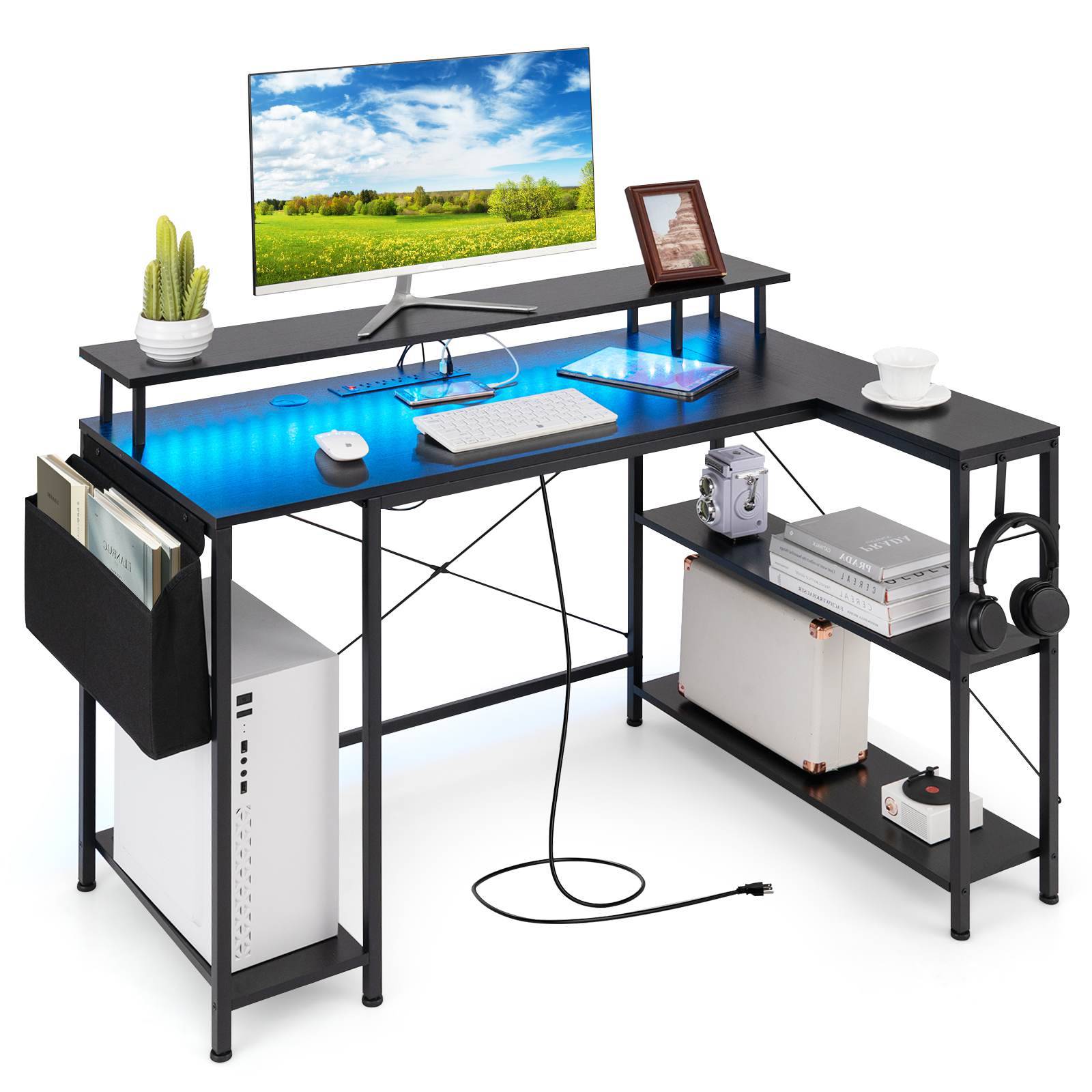 Buy Costway 120cm L Shaped Corner Gaming Desk w/LED Light/Power Outlet ...