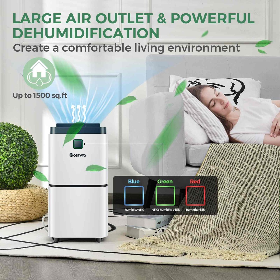 Costway 12L/Day Portable Dehumidifier Mobile Moisture Absorber Machine 3 Modes/Auto Shut-off/Timer Home Office