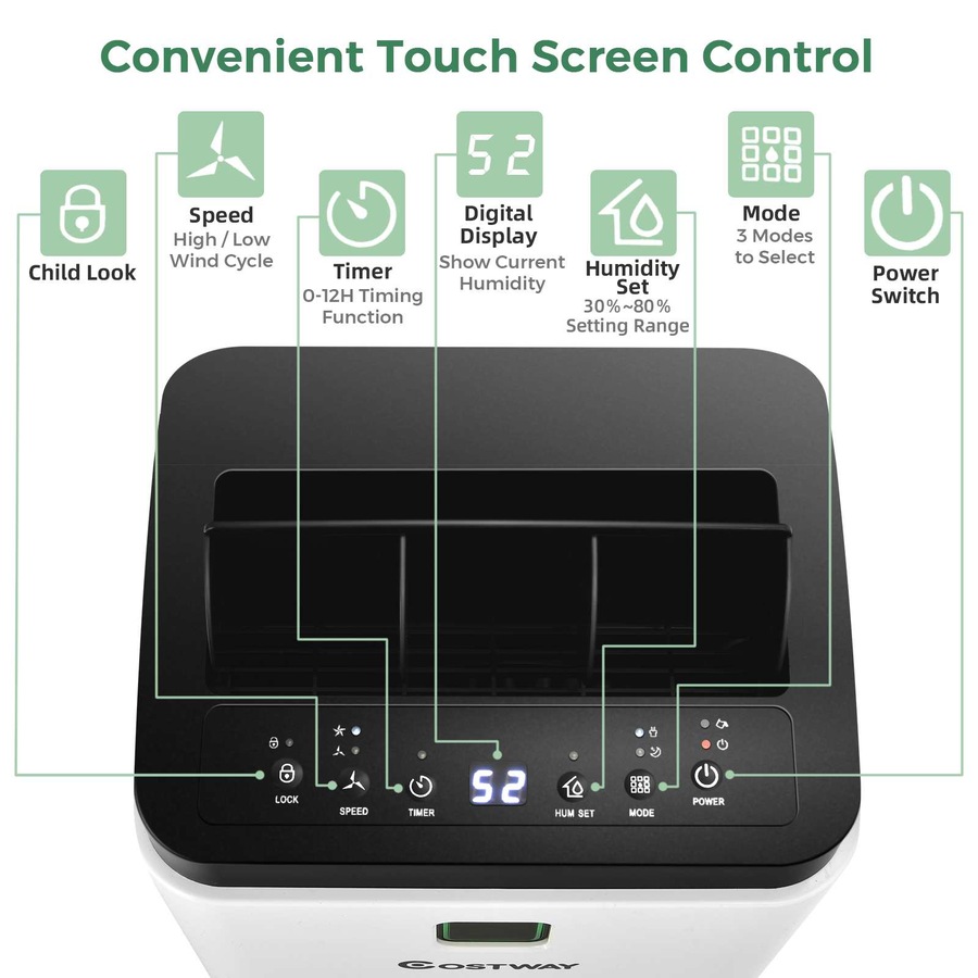 Costway 12L/Day Portable Dehumidifier Mobile Moisture Absorber Machine 3 Modes/Auto Shut-off/Timer Home Office