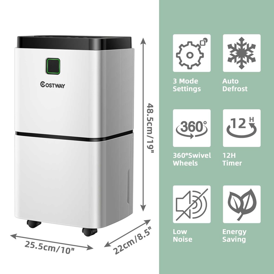 Costway 12L/Day Portable Dehumidifier Mobile Moisture Absorber Machine 3 Modes/Auto Shut-off/Timer Home Office