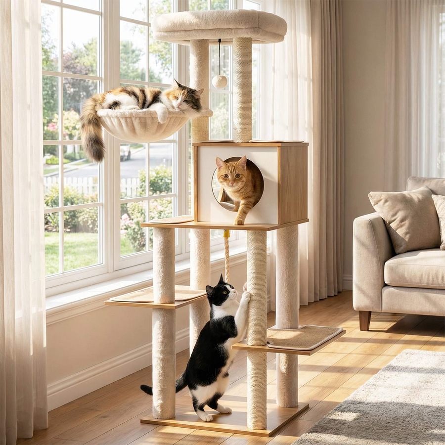 Costway 148CM Tall Modern Cat Tree Large Multi-Level Wooden Cat Tower Climbing Furniture Sisal Scratching Posts