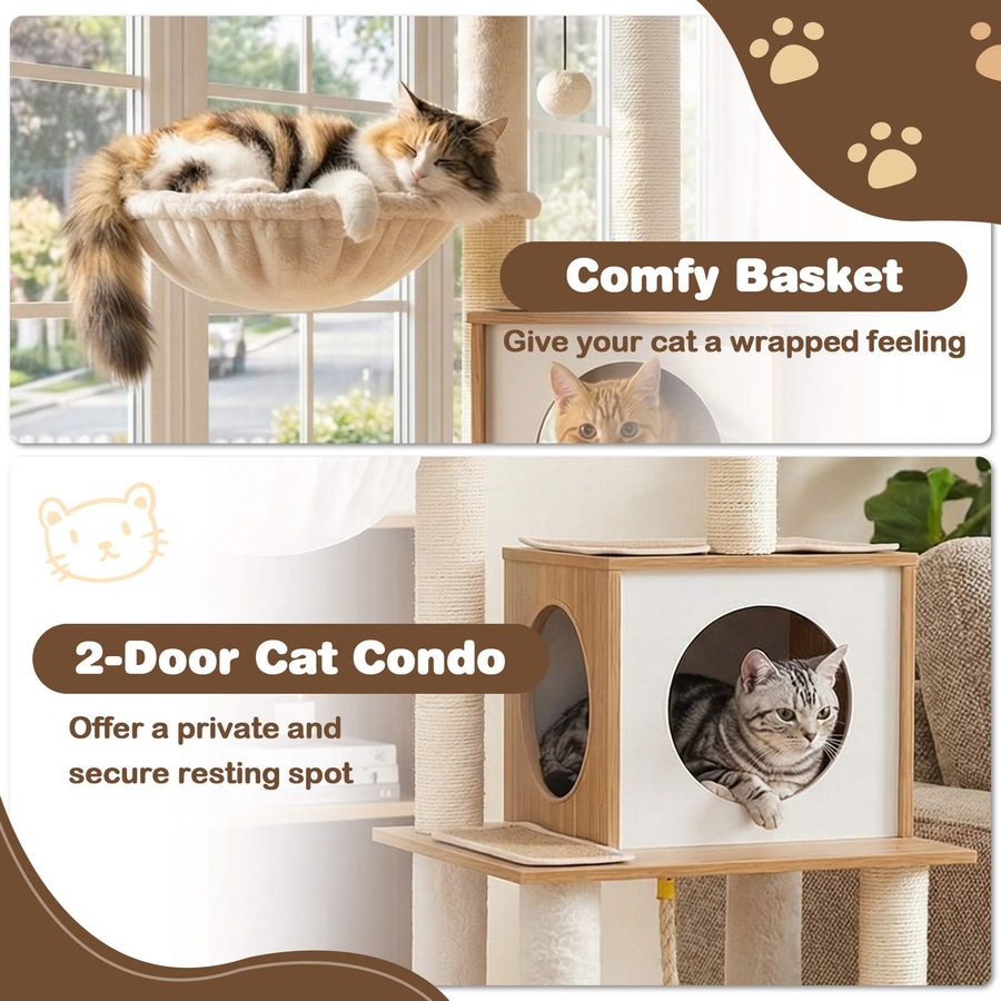 Costway 148CM Tall Modern Cat Tree Large Multi-Level Wooden Cat Tower Climbing Furniture Sisal Scratching Posts