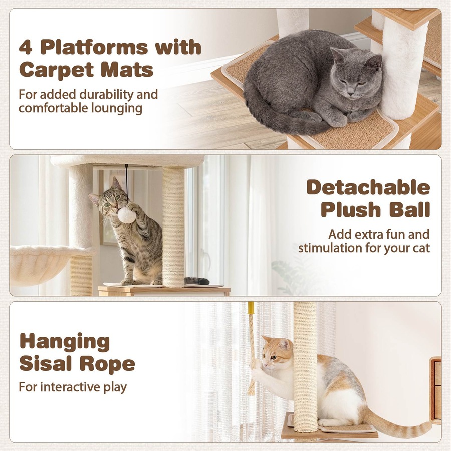 Costway 148CM Tall Modern Cat Tree Large Multi-Level Wooden Cat Tower Climbing Furniture Sisal Scratching Posts
