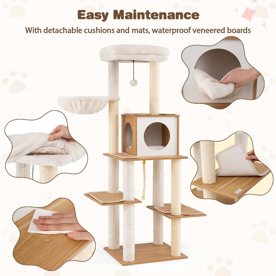 Costway 148CM Tall Modern Cat Tree Large Multi-Level Wooden Cat Tower Climbing Furniture Sisal Scratching Posts