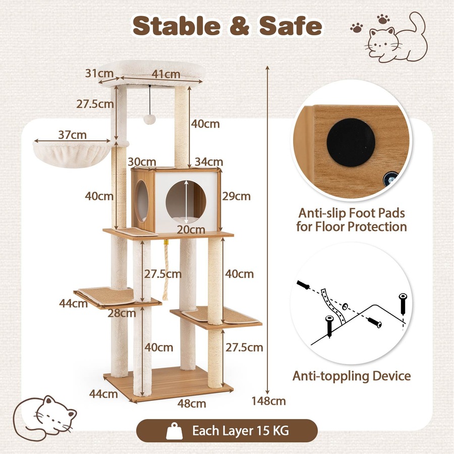 Costway 148CM Tall Modern Cat Tree Large Multi-Level Wooden Cat Tower Climbing Furniture Sisal Scratching Posts
