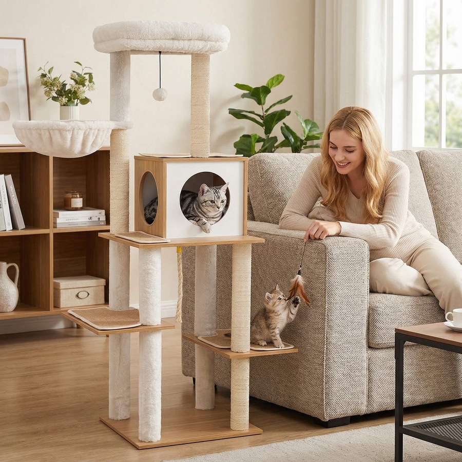 Costway 148CM Tall Modern Cat Tree Large Multi-Level Wooden Cat Tower Climbing Furniture Sisal Scratching Posts