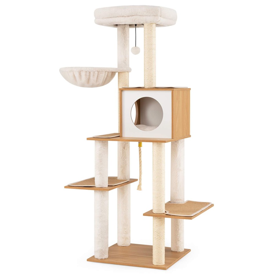 Costway 148CM Tall Modern Cat Tree Large Multi-Level Wooden Cat Tower Climbing Furniture Sisal Scratching Posts