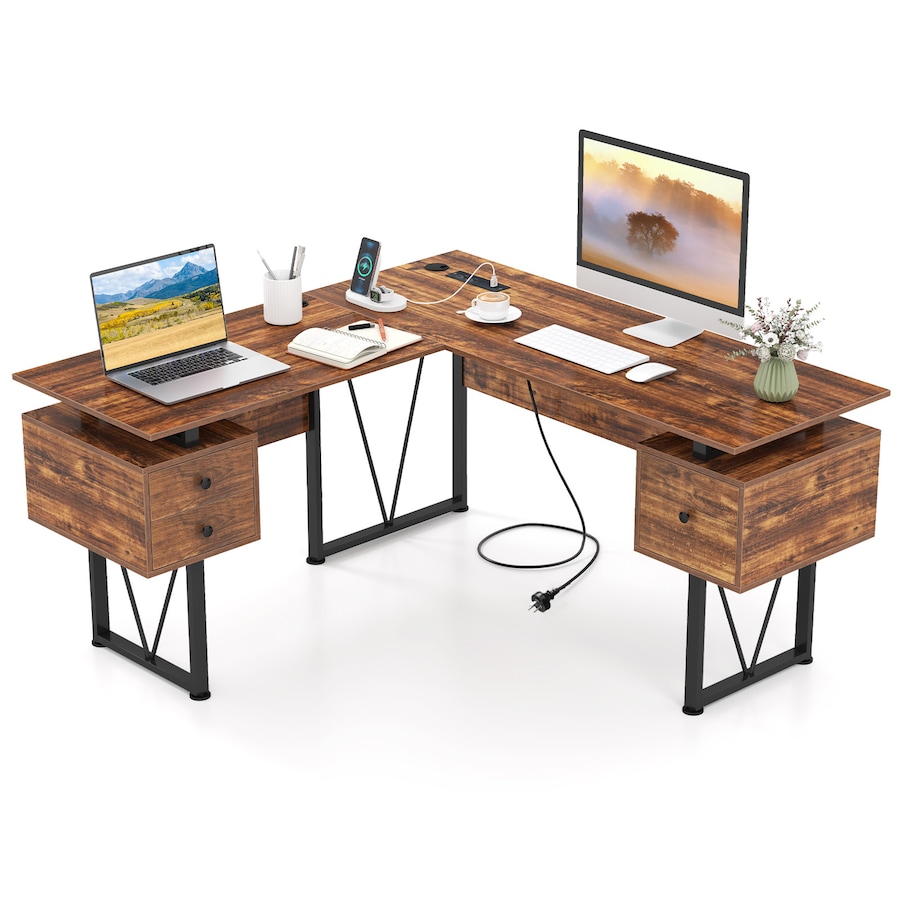 Costway 150cm L-shaped Corner Computer Desk w/Power Outlets File Cabinets & 3 Storage Drawers Office Table