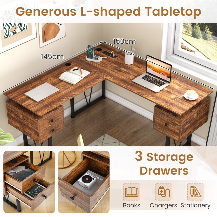 Costway 150cm L-shaped Corner Computer Desk w/Power Outlets File Cabinets & 3 Storage Drawers Office Table