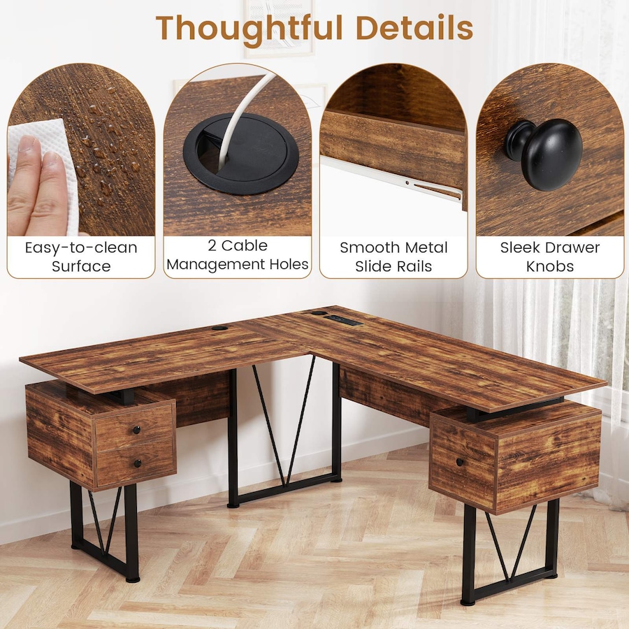 Costway 150cm L-shaped Corner Computer Desk w/Power Outlets File Cabinets & 3 Storage Drawers Office Table