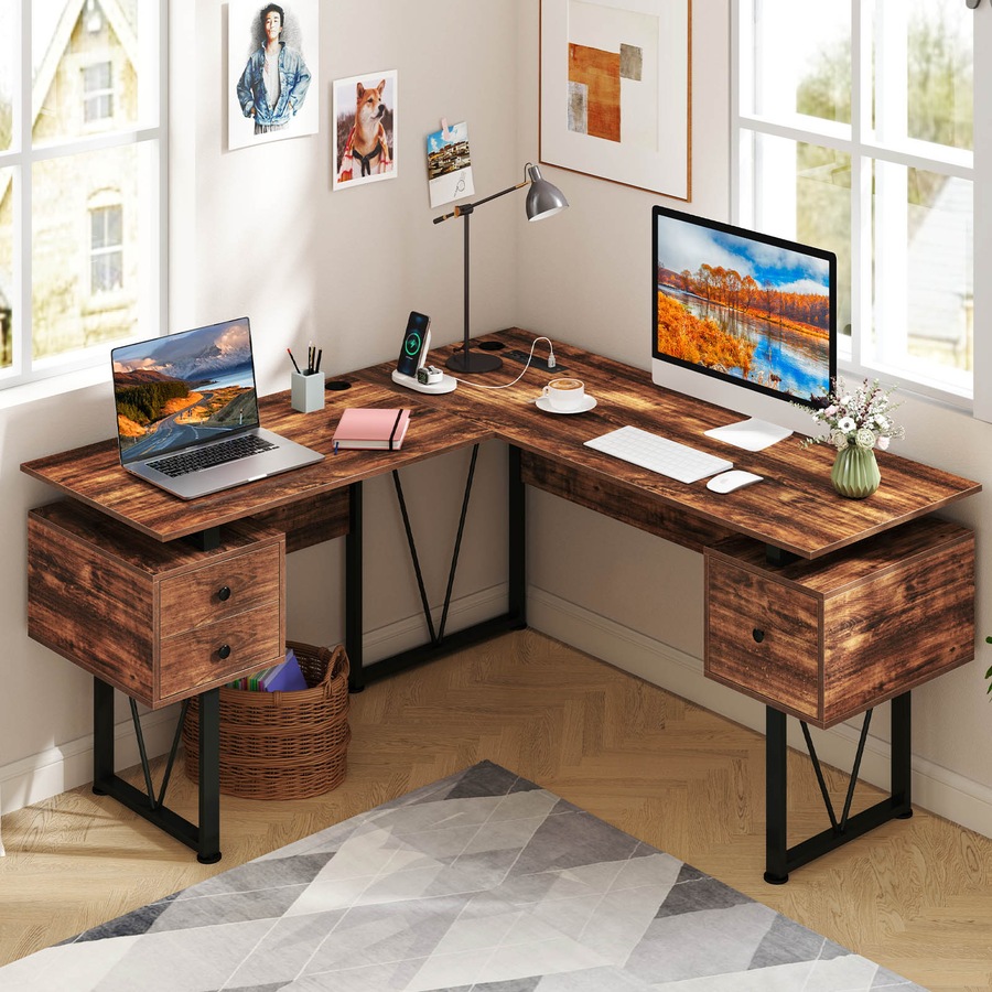 Costway 150cm L-shaped Corner Computer Desk w/Power Outlets File Cabinets & 3 Storage Drawers Office Table