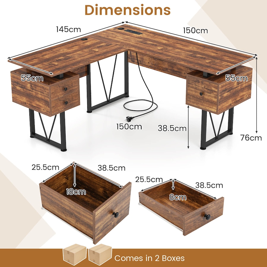 Costway 150cm L-shaped Corner Computer Desk w/Power Outlets File Cabinets & 3 Storage Drawers Office Table