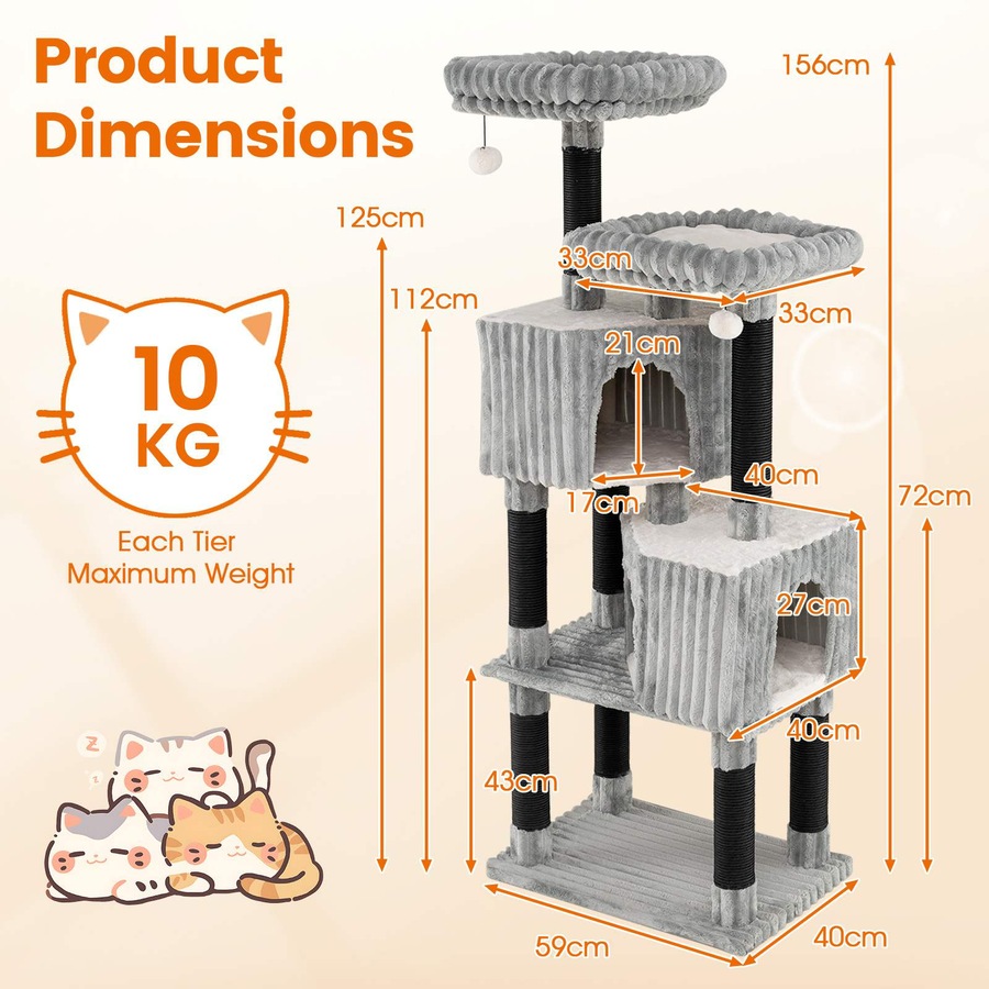 Costway 156CM Cat Tree Cat Tower w/Condos Perch Bed & Scratching Posts Indoor Multi-level