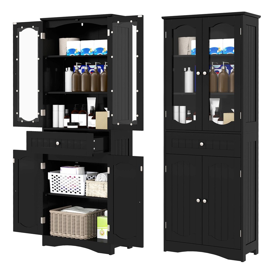 Costway 160cm Bathroom Cabinet w/Tempered Glass Doors & 1 Drawer Freestanding Storage Cupboard Pantry Cabinet