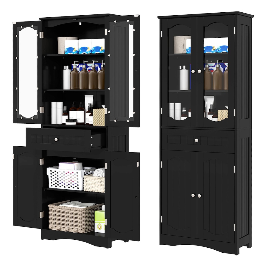 Costway 160cm Bathroom Cabinet w/Tempered Glass Doors & 1 Drawer Freestanding Storage Cupboard Pantry Cabinet