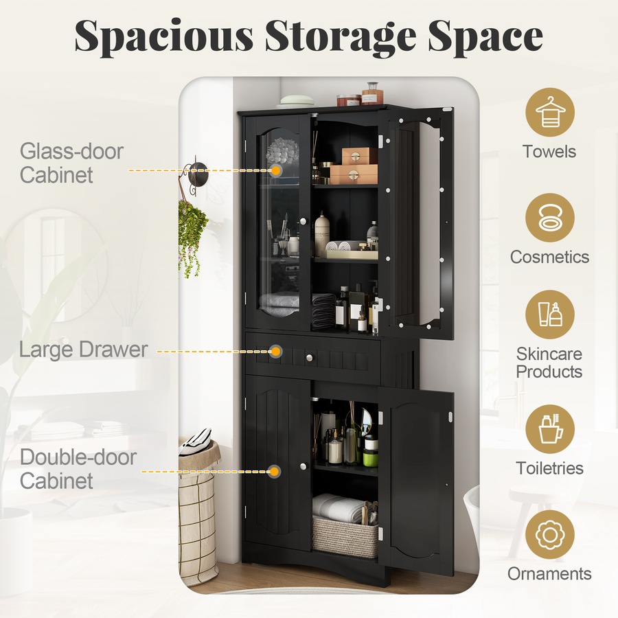 Costway 160cm Bathroom Cabinet w/Tempered Glass Doors & 1 Drawer Freestanding Storage Cupboard Pantry Cabinet